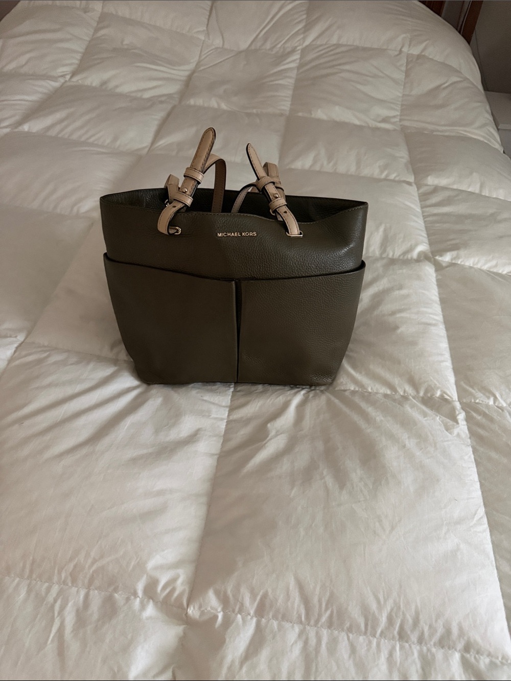 Michael Kors Olive Green Leather Tote with Beige Handles